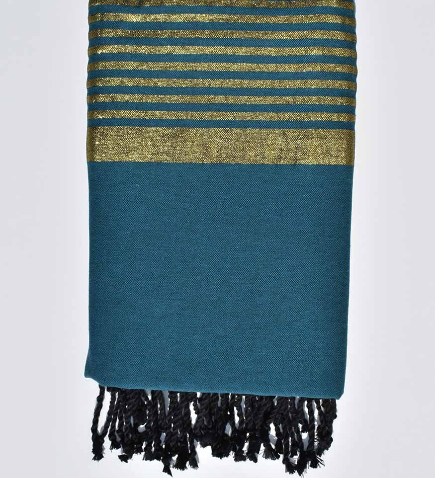 Jeté bleu paon avec lurex doré Fouta Tunisia - 1