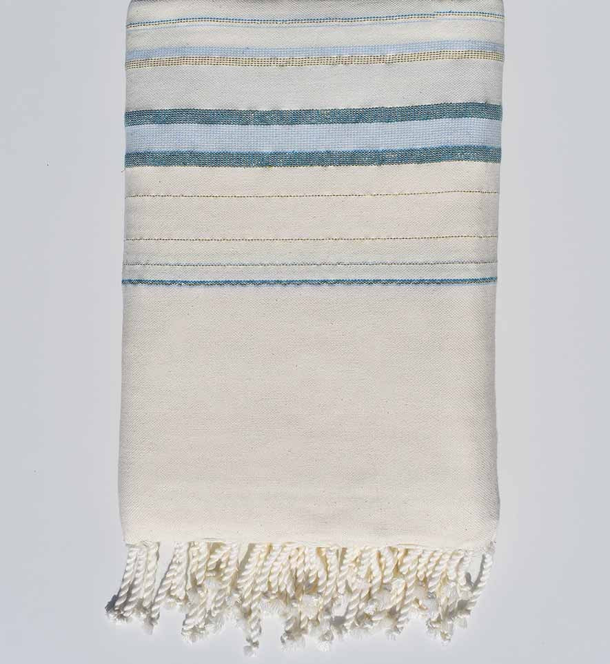 Jeté de canapé fadhila blanc crème, bleu clair et bleu azur avec lurex Fouta Tunisia - 1