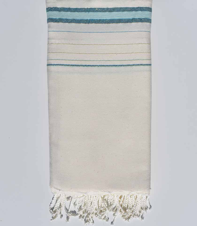 Jeté de canapé fadhila blanc crème, bleu azur et vert eau avec lurex Fouta Tunisia - 1