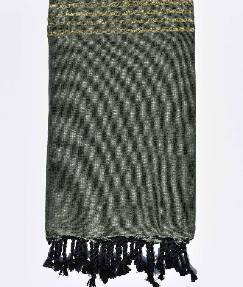 Jeté vert kaki avec lurex doré Fouta Tunisia - 1