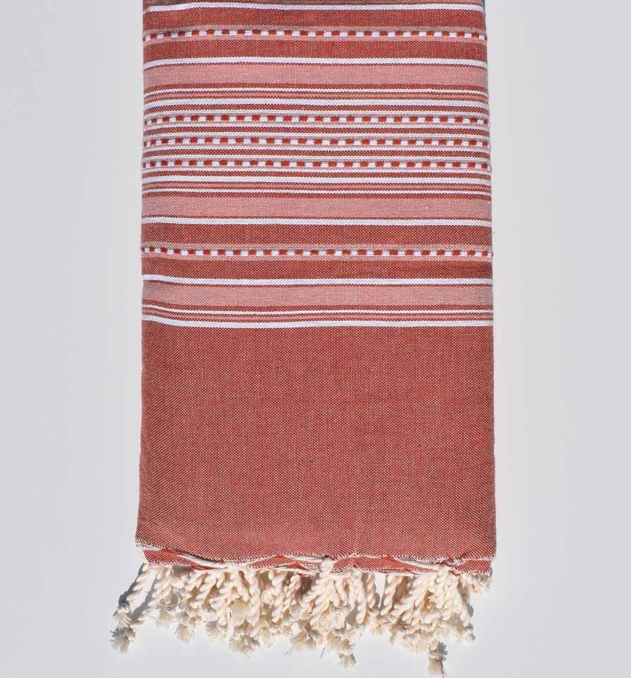 Jeté arabesque rouge brique avec rayures vieux rose Fouta Tunisia - 1