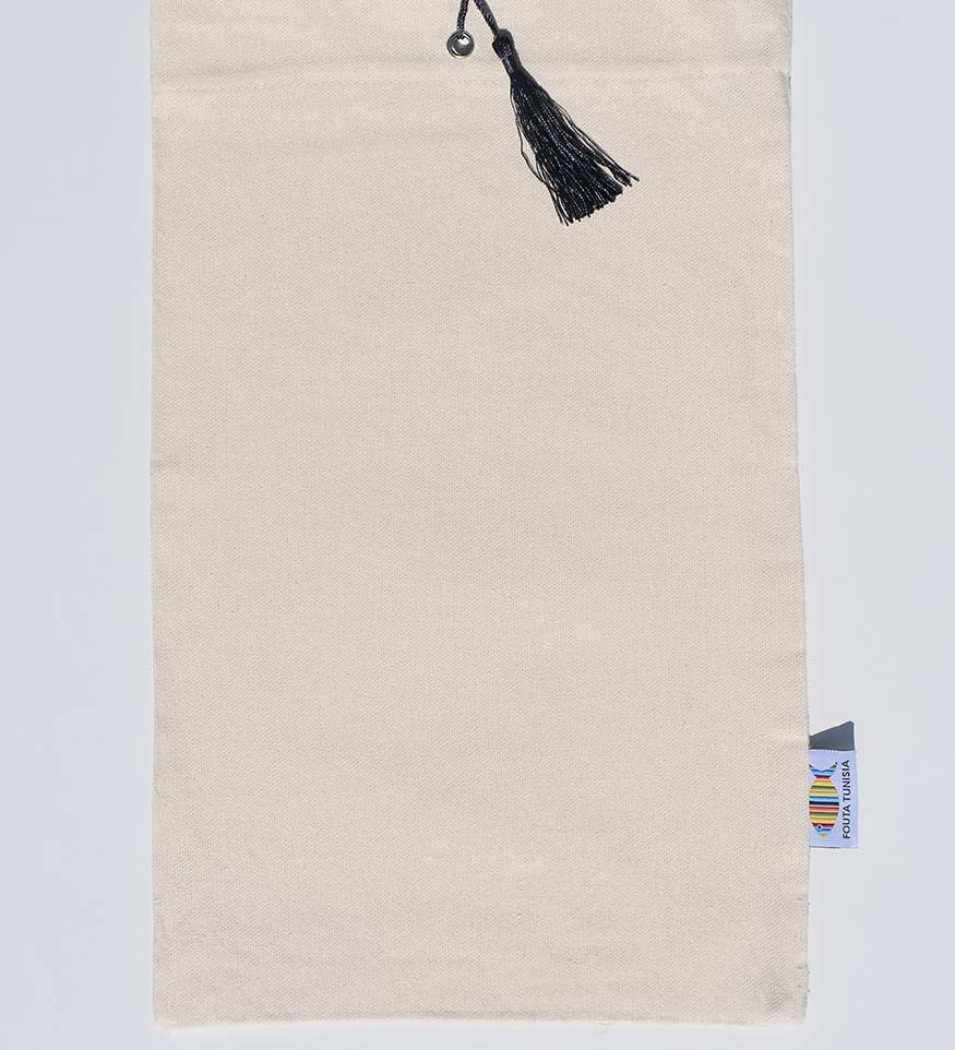 Pochette beige clair ave pompon bleu ardoise Fouta Tunisia - 1