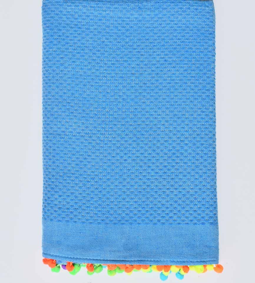 Fouta unie bleu azur avec pompons Fouta Tunisia - 1