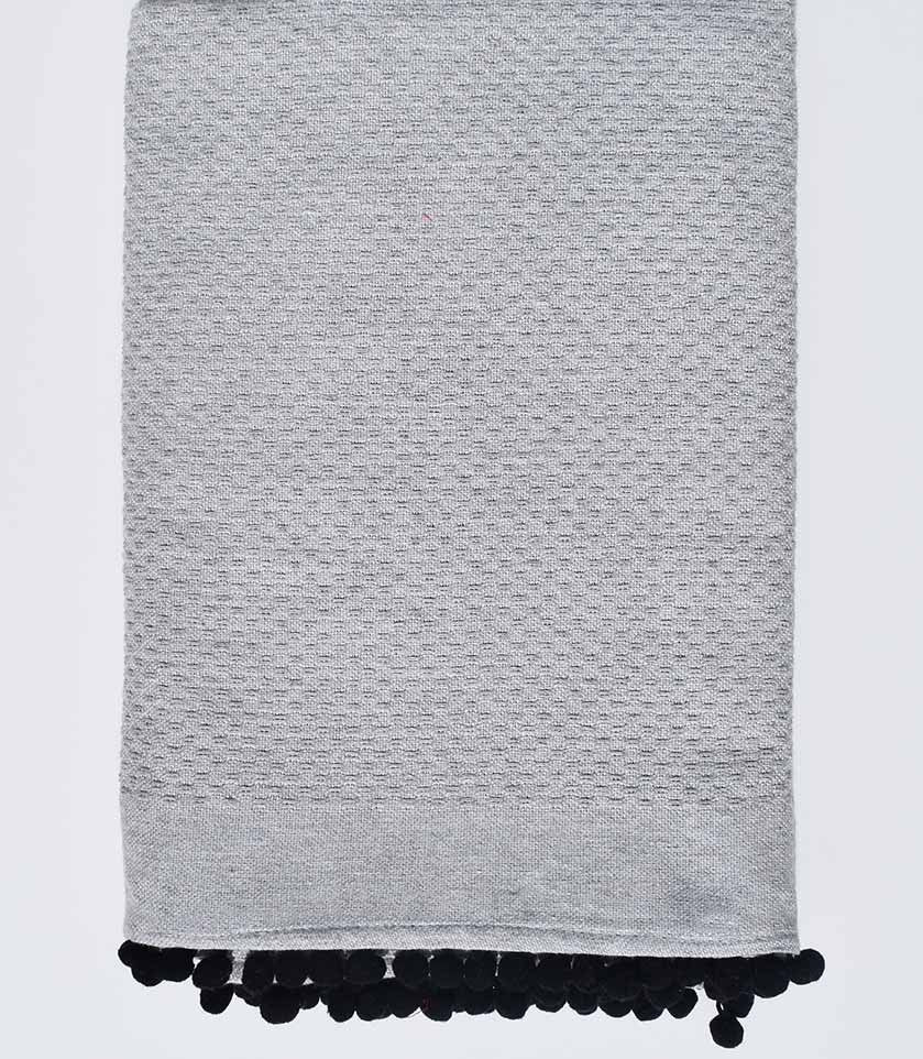 Fouta en nid d'abeille gris avec pompons Fouta Tunisia - 1