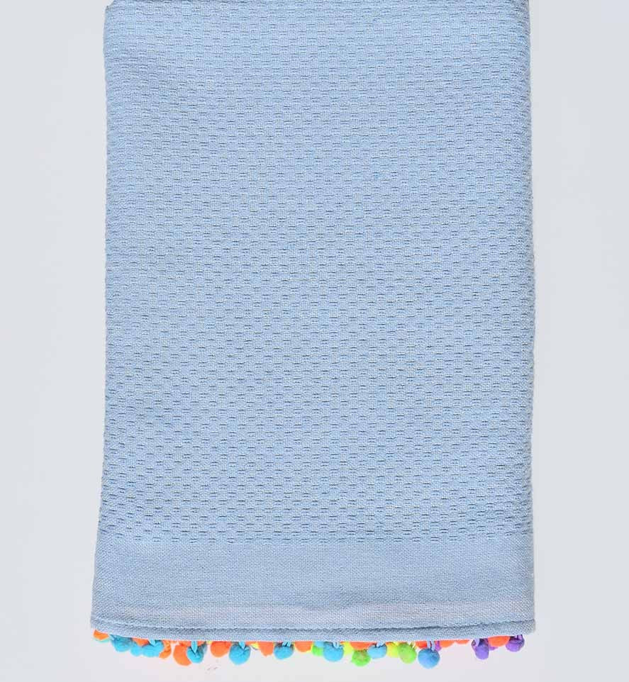 Fouta en nid d'abeille unie bleu clair avec pompons Fouta Tunisia - 1