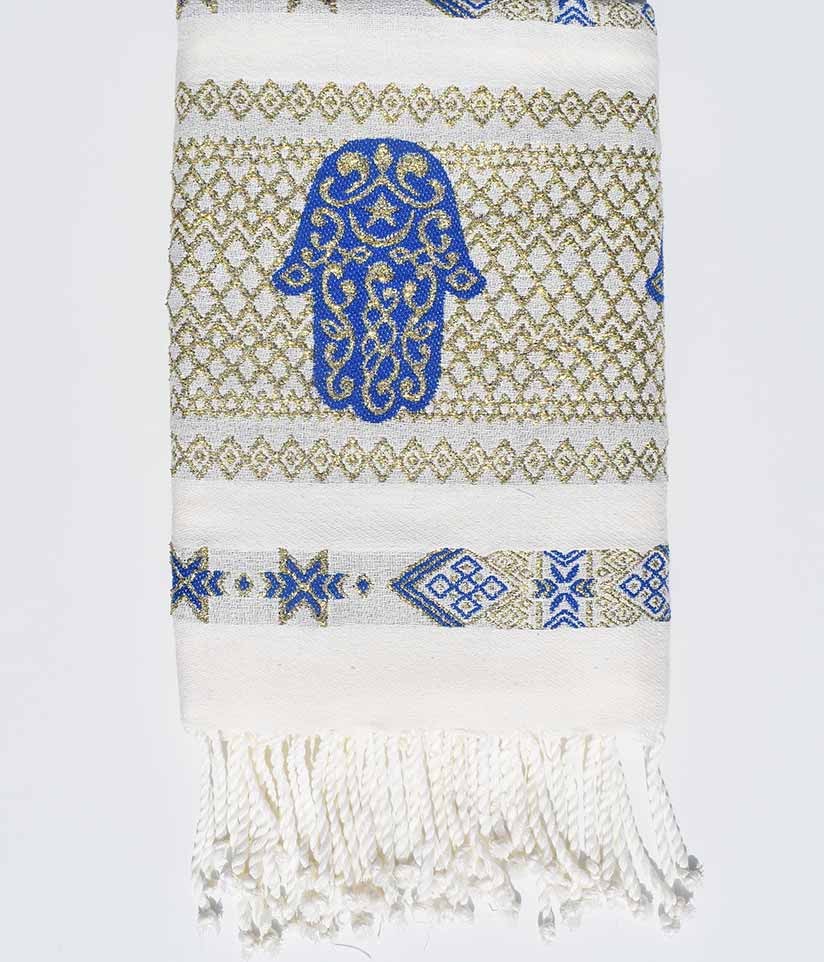 Fouta khomsa blanc crème et bleu Fouta Tunisia - 1