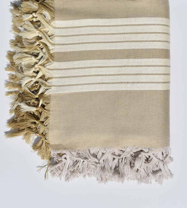 Jeté de canapé 4 franges couleur beigeasse avec rayures blanc crème Fouta Tunisia - 2