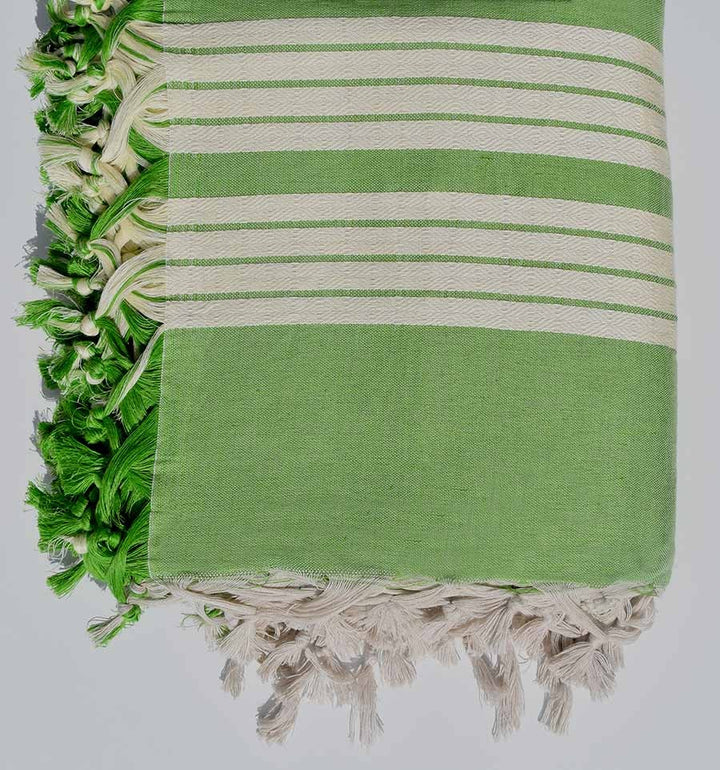Jeté de canapé 4 franges vert prairie et blanc crème 2.2m*2.8m Fouta Tunisia - 2