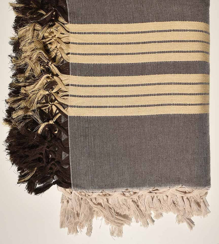 Jeté de canapé 4 franges marron avec rayures écru Fouta Tunisia - 2