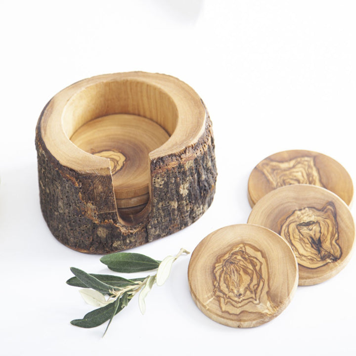 Support en bois d'olivier avec 6 sous verres  - 2