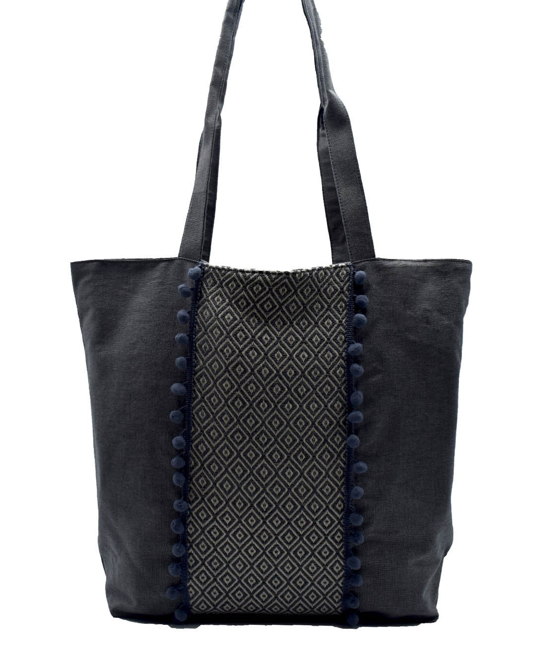 Sac Saint Tropez gris motifs en chevron et pompons Fouta Tunisia - 1