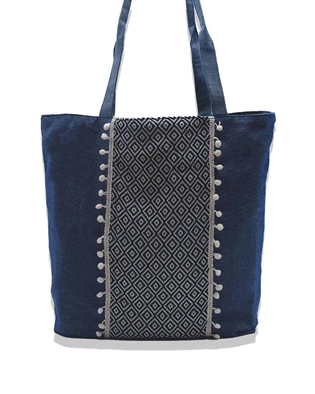 Sac Saint Tropez bleu jean avec motifs bleu nuit et pompons rose bébé Fouta Tunisia - 1