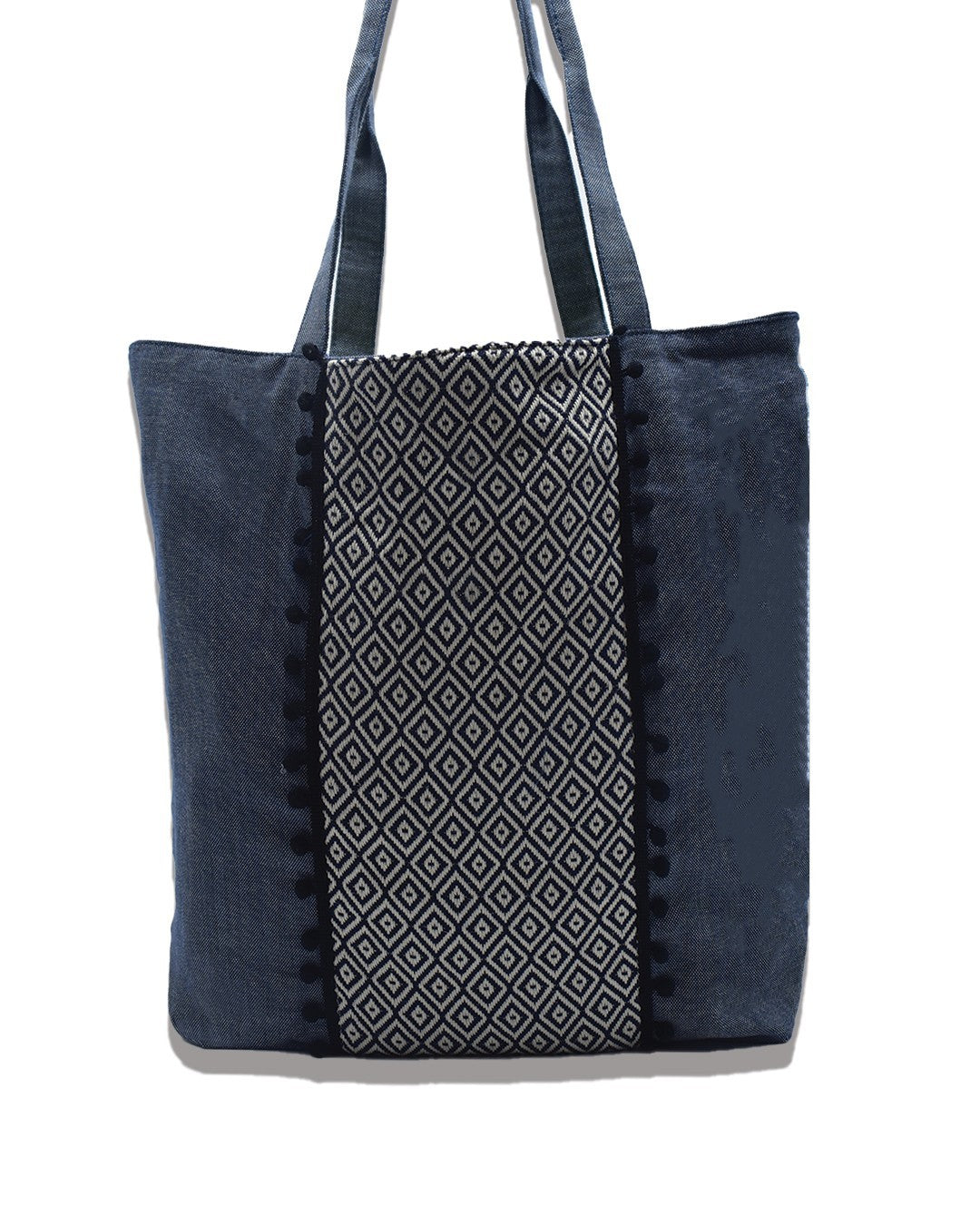 Sac Saint Tropez bleu jean avec motifs bleu nuit et pompons Fouta Tunisia - 1