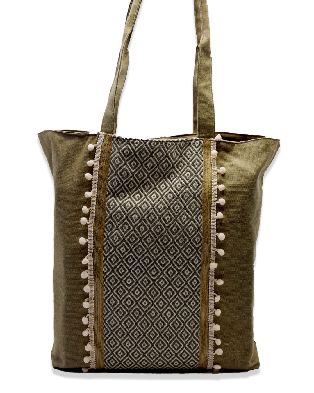 Sac Saint Tropez beige avec des motifs en chevron couleur taupe et pompons rose bébé Fouta Tunisia - 1