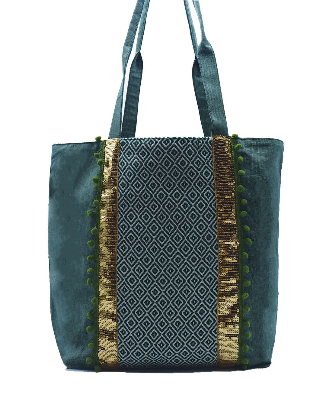 Sac Saint Tropez vert avec motifs en chevron et paillette doré et pompons Fouta Tunisia - 1