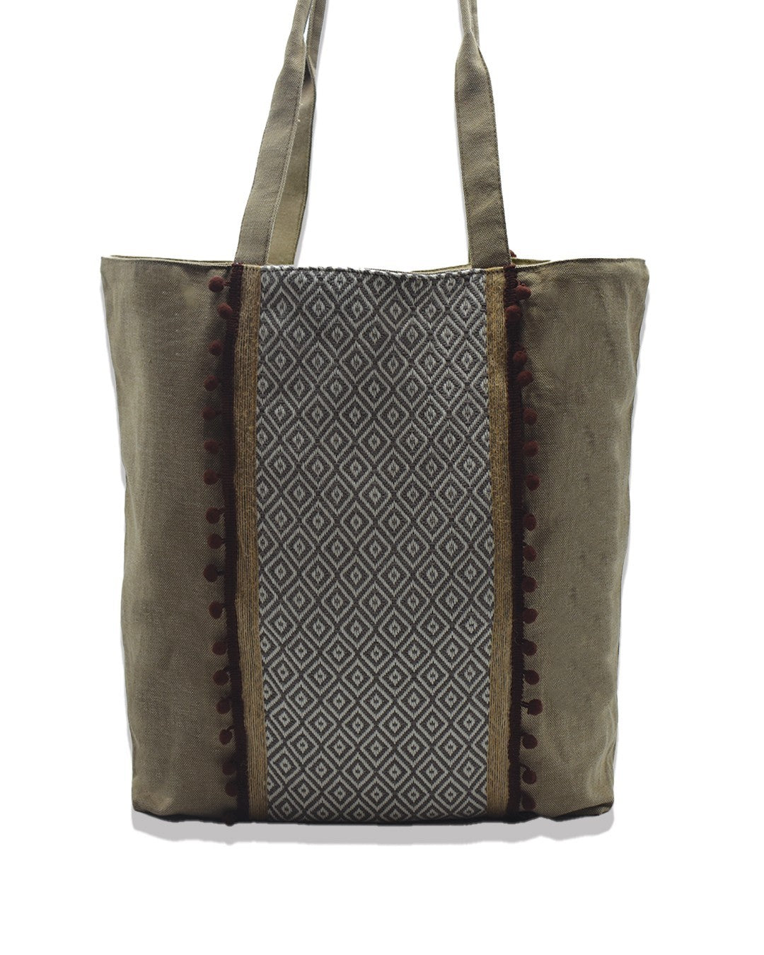 Sac Saint Tropez couleur bistre avec pompons Fouta Tunisia - 1