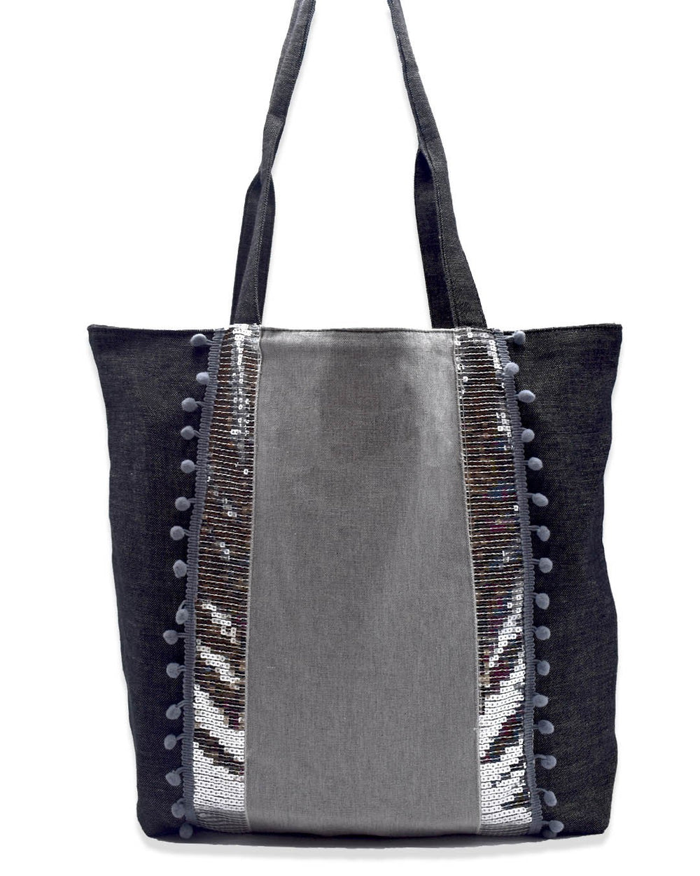 Sac Saint Tropez gris avec paillettes argenté Fouta Tunisia - 1