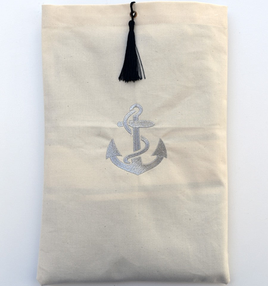 Pochette beige clair brodée motif ancre argent avec pompon Fouta Tunisia - 1