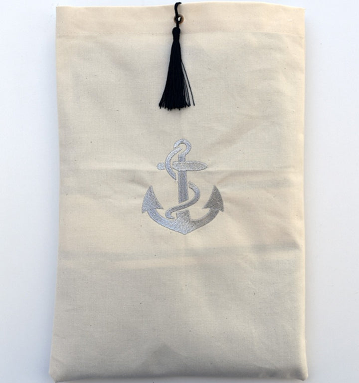 Pochette beige clair brodée motif ancre argent avec pompon Fouta Tunisia - 1