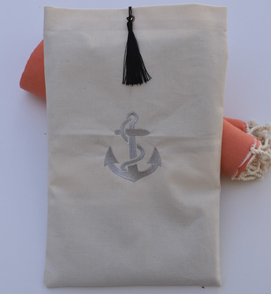 Pochette beige clair brodée motif ancre argent avec pompon Fouta Tunisia - 2