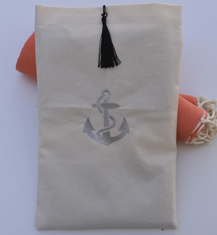 Pochette beige clair brodée motif ancre argent avec pompon Fouta Tunisia - 2