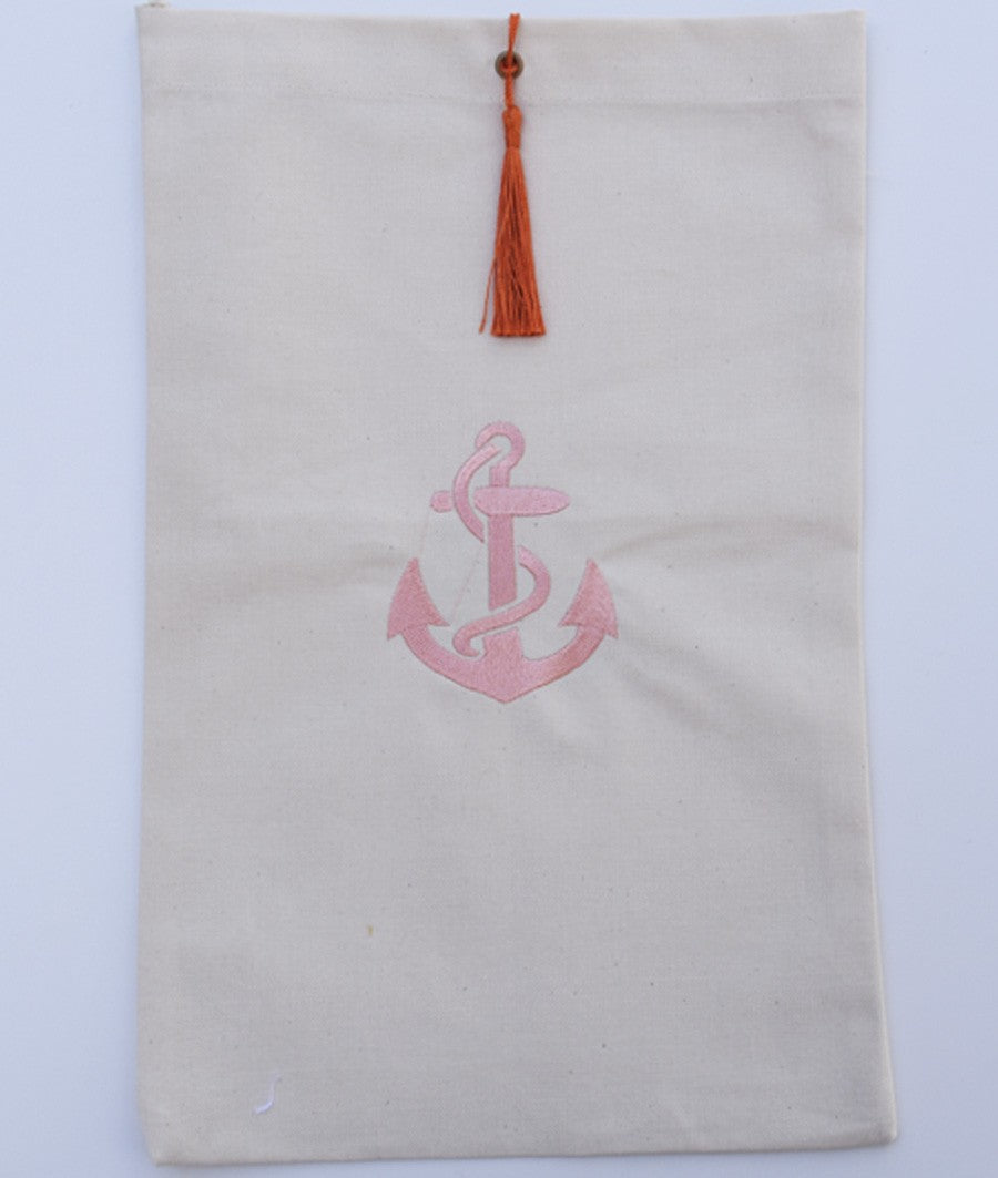 Pochette beige clair brodée motif ancre avec pompon orange Fouta Tunisia - 1