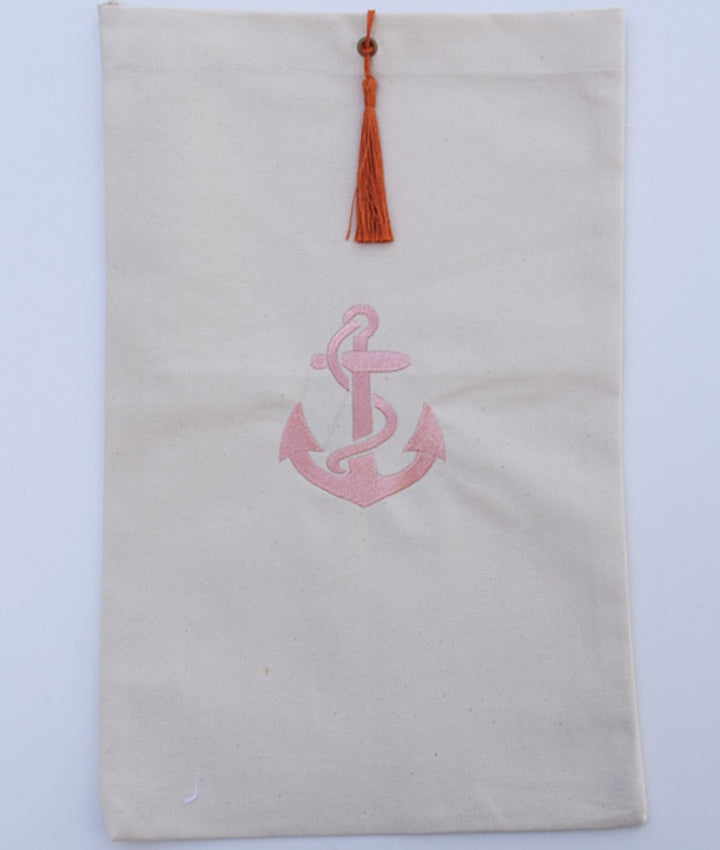 Pochette beige clair brodée motif ancre avec pompon orange Fouta Tunisia - 1