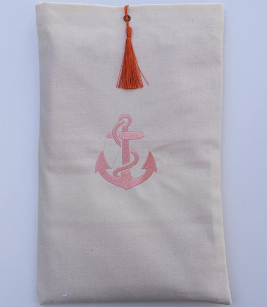 Pochette beige clair brodée motif ancre avec pompon orange Fouta Tunisia - 2