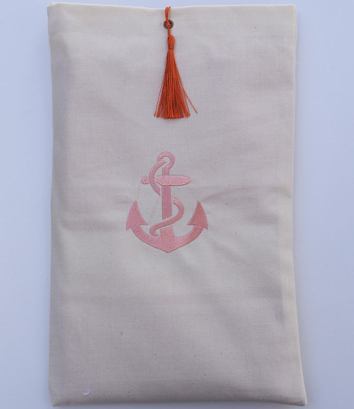 Pochette beige clair brodée motif ancre avec pompon orange Fouta Tunisia - 2