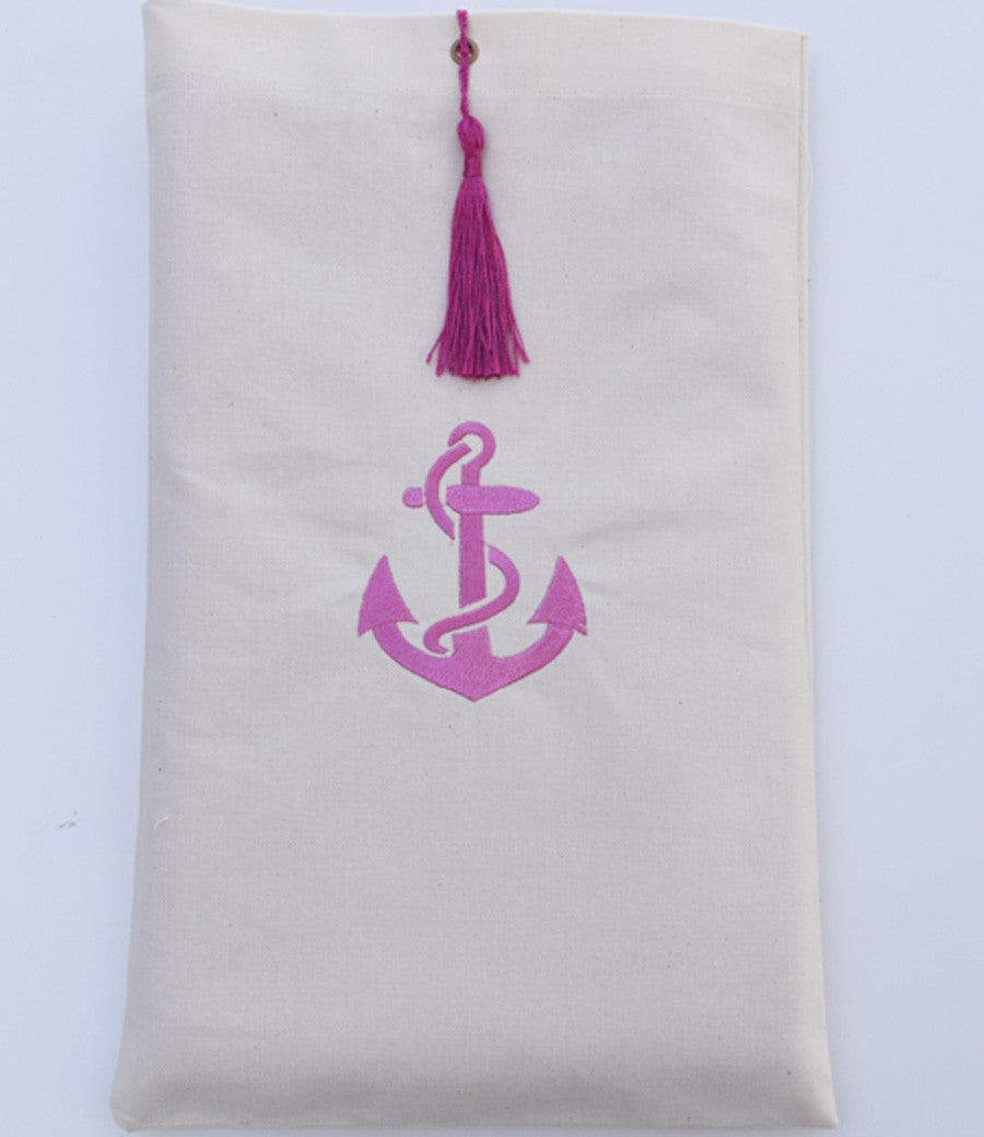 Pochette beige clair brodée motif ancre rose avec pompon Fouta Tunisia - 1