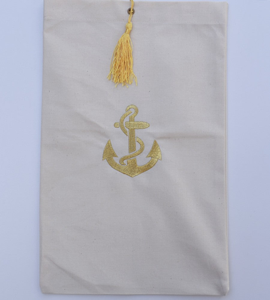 Pochette beige clair brodée motif ancre avec pompon jaune Fouta Tunisia - 1