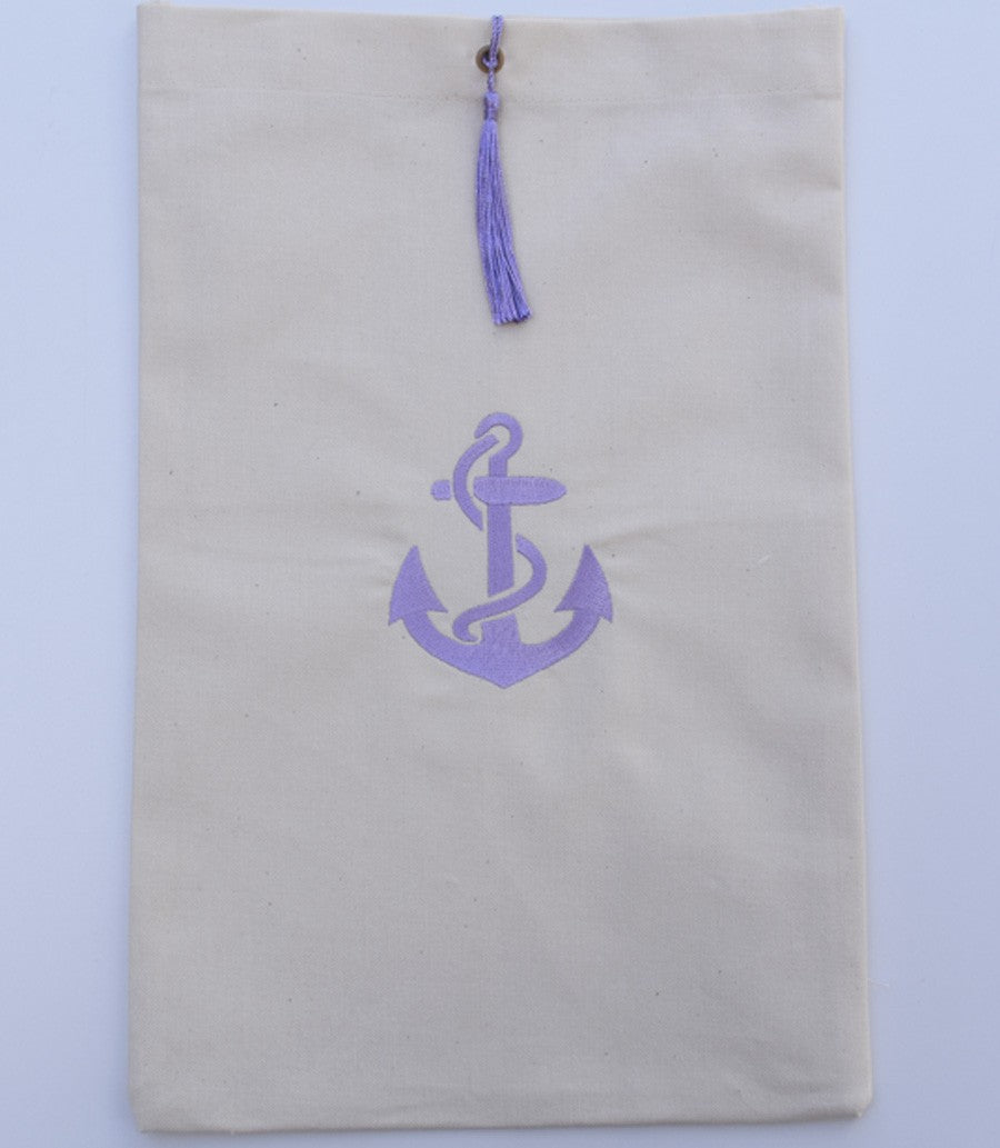 Pochette beige clair brodée motif ancre lavande avec pompon Fouta Tunisia - 1