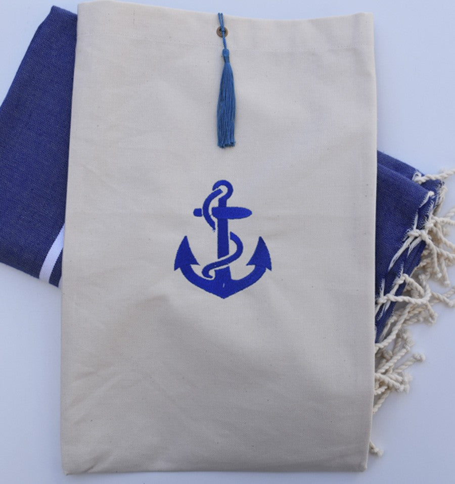 Pochette beige clair brodée motif ancre bleu avec pompon Fouta Tunisia - 2