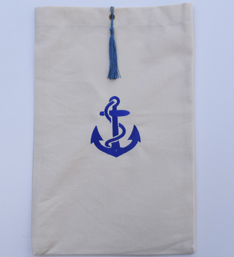 Pochette beige clair brodée motif ancre bleu avec pompon Fouta Tunisia - 1