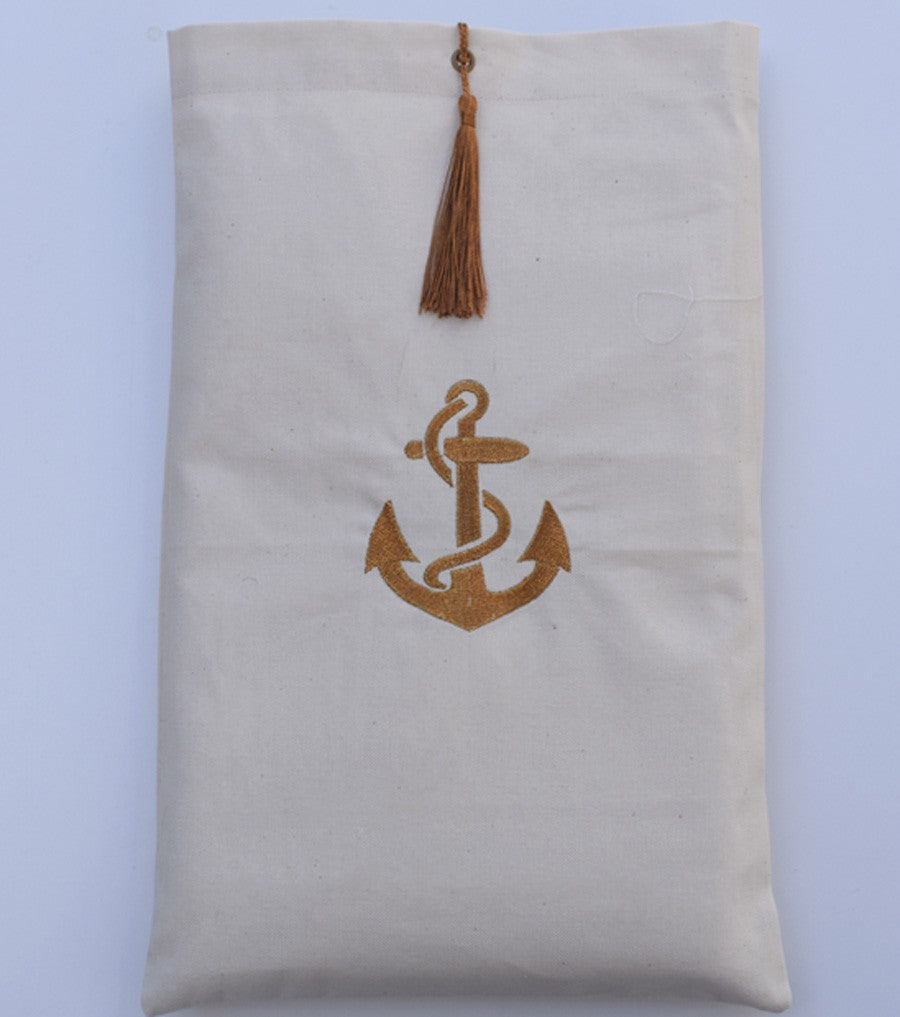 Pochette beige clair brodée motif ancre avec pompon Fouta Tunisia - 1