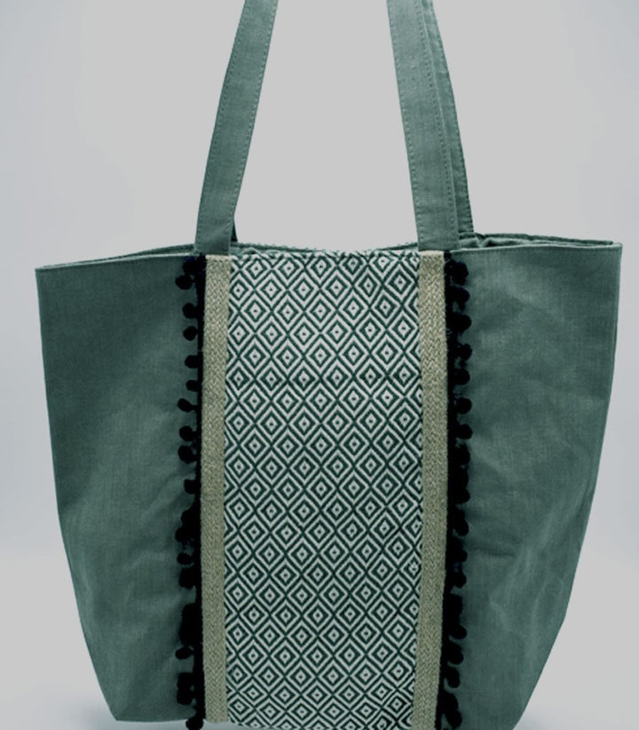 Sac Saint Tropez vert avec pompons noir Fouta Tunisia - 3