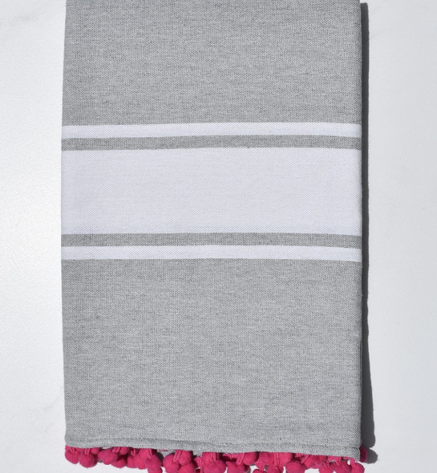 Fouta plate gris souris avec pompons Fouta Tunisia - 1