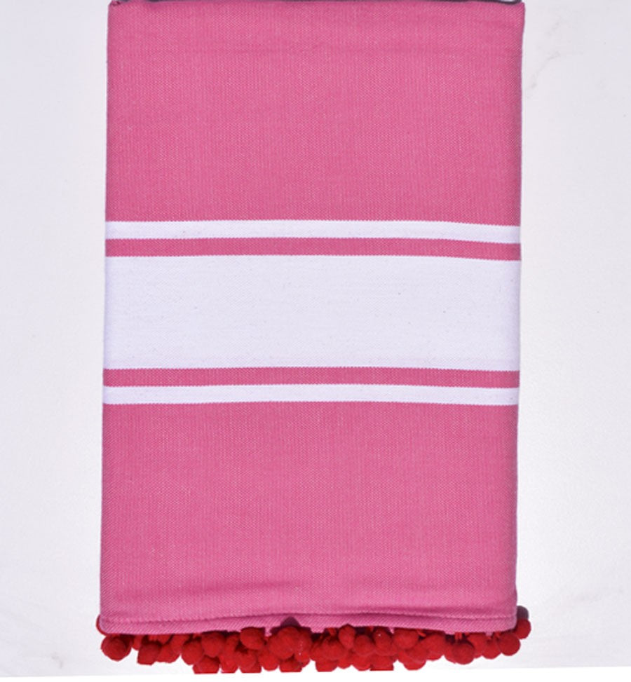Fouta plate rose bonbon avec pompons Fouta Tunisia - 1