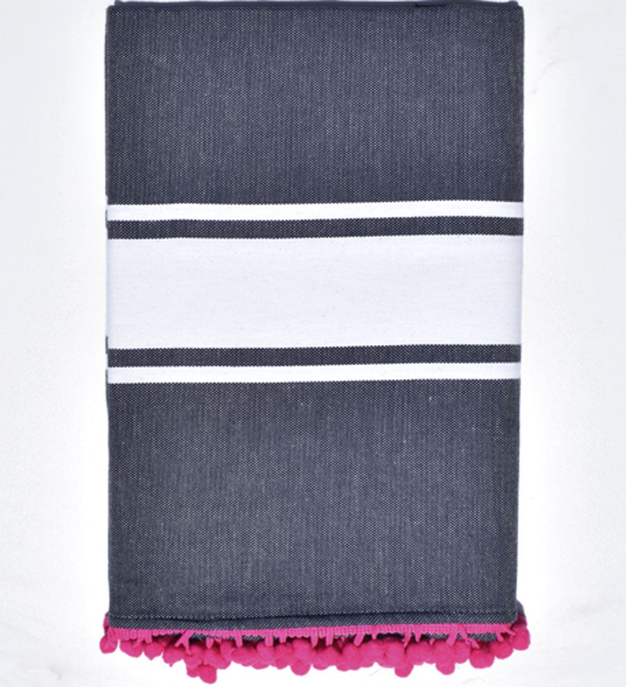 Fouta plate bleu nuit avec pompons Fouta Tunisia - 1