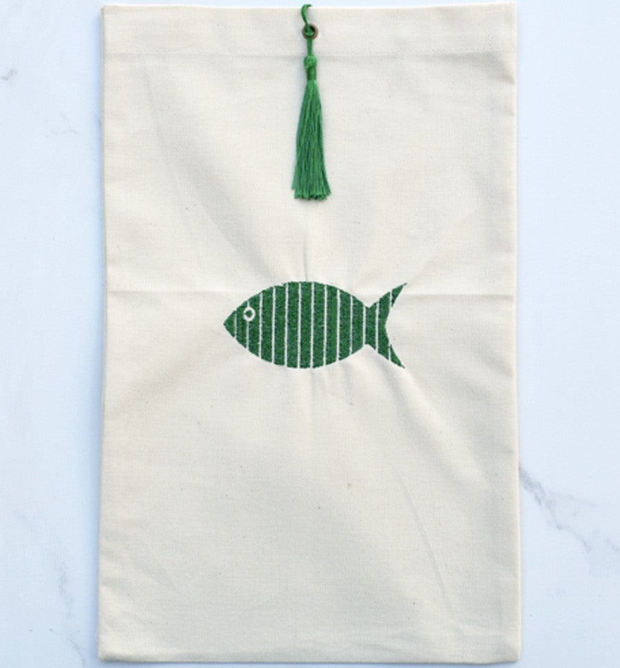 Pochette beige clair brodée avec pompon vert Fouta Tunisia - 1