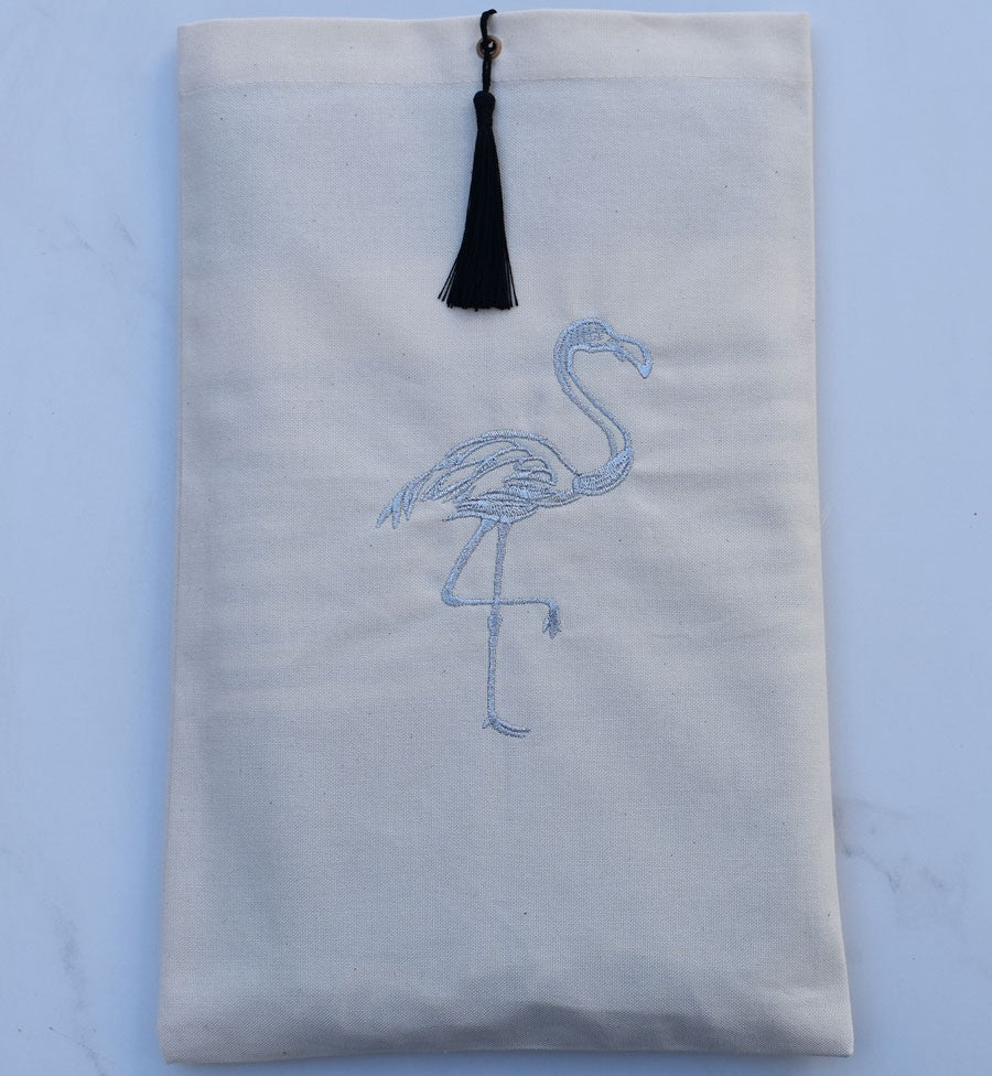 Pochette beige clair brodée flamant couleur argent avec pompon Fouta Tunisia - 2
