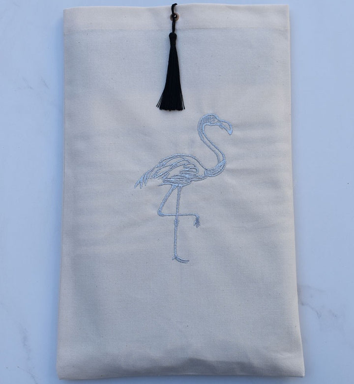 Pochette beige clair brodée flamant couleur argent avec pompon Fouta Tunisia - 2