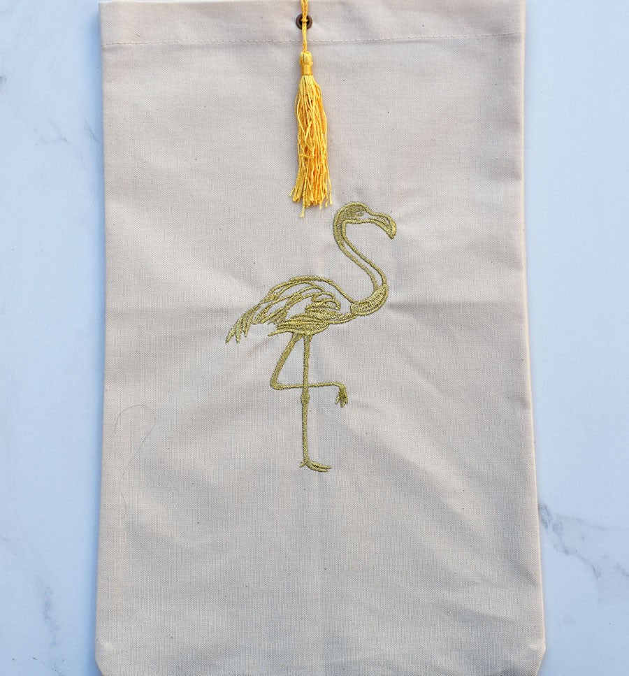 Pochette beige clair brodée flamant avec pompon Fouta Tunisia - 1