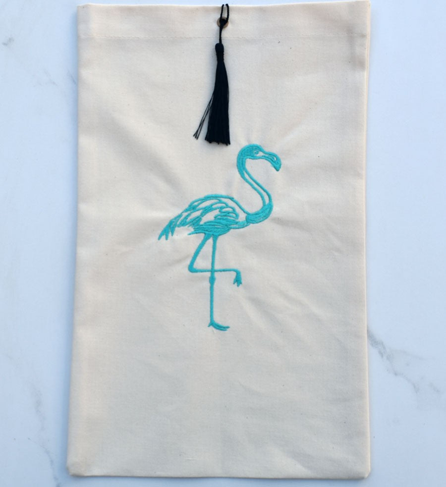 Pochette beige clair brodée flamant avec pompon noir Fouta Tunisia - 1