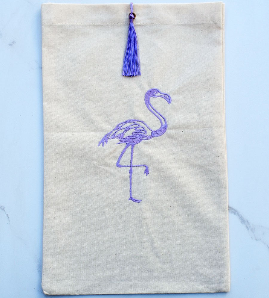 Pochette beige clair brodée flamant avec pompon lavande Fouta Tunisia - 1