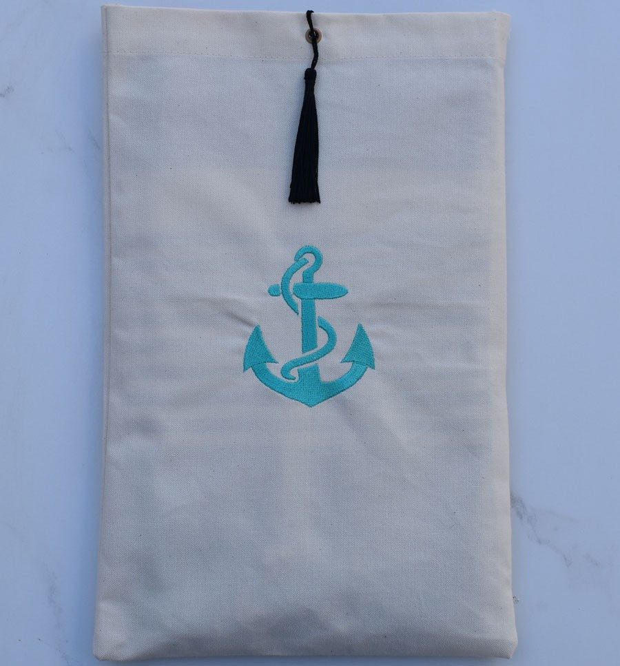 Pochette beige clair brodée motif ancre mers du sud avec pompon Fouta Tunisia - 1