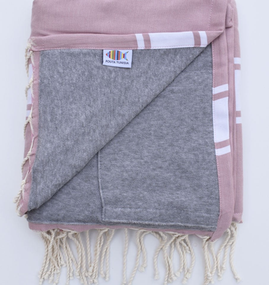 Fouta plate vieux rose doublée éponge gris Fouta Tunisia - 1