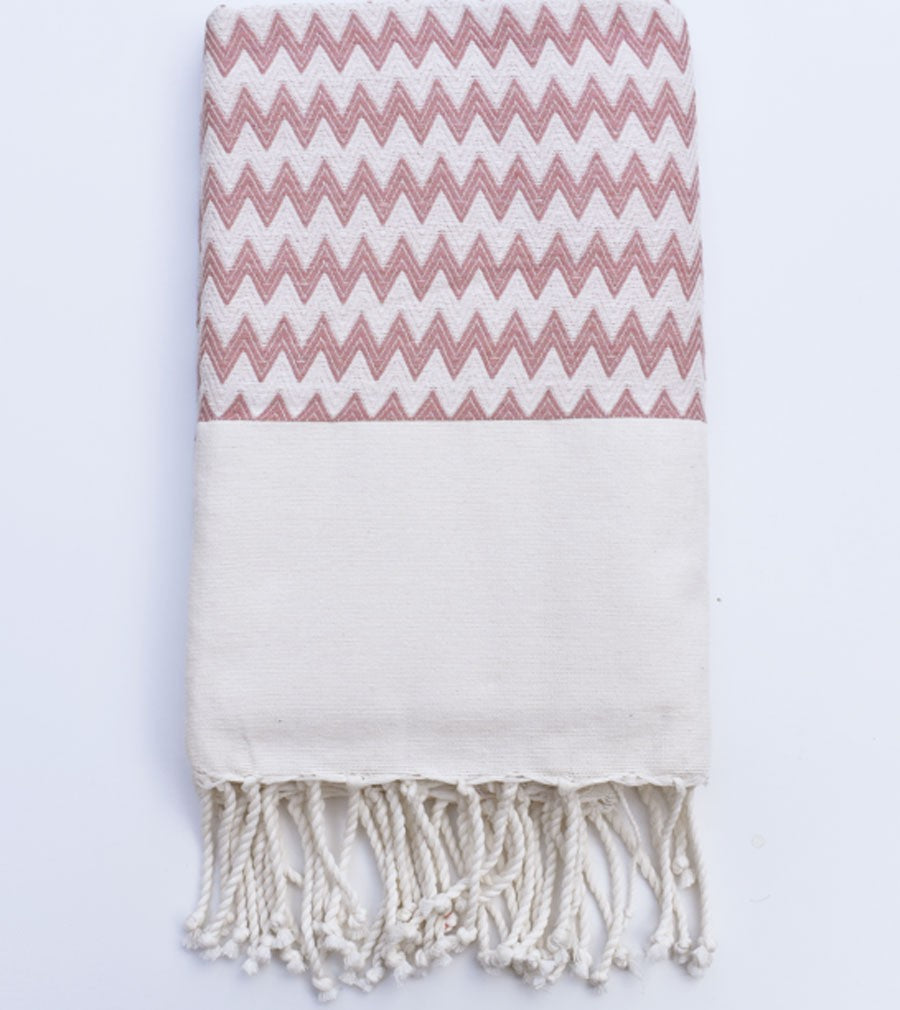 Fouta zigzag vieux rose et blanc crème Fouta Tunisia - 1