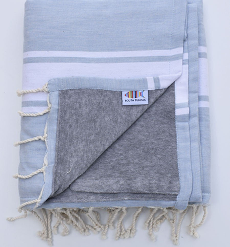 Fouta bleu fumée doublée éponge gris Fouta Tunisia - 1