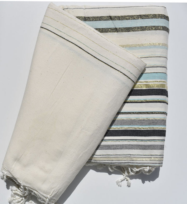 Jeté de canapé fadhila blanc crème, vert d'eau et bleu noir avec lurex Fouta Tunisia - 2